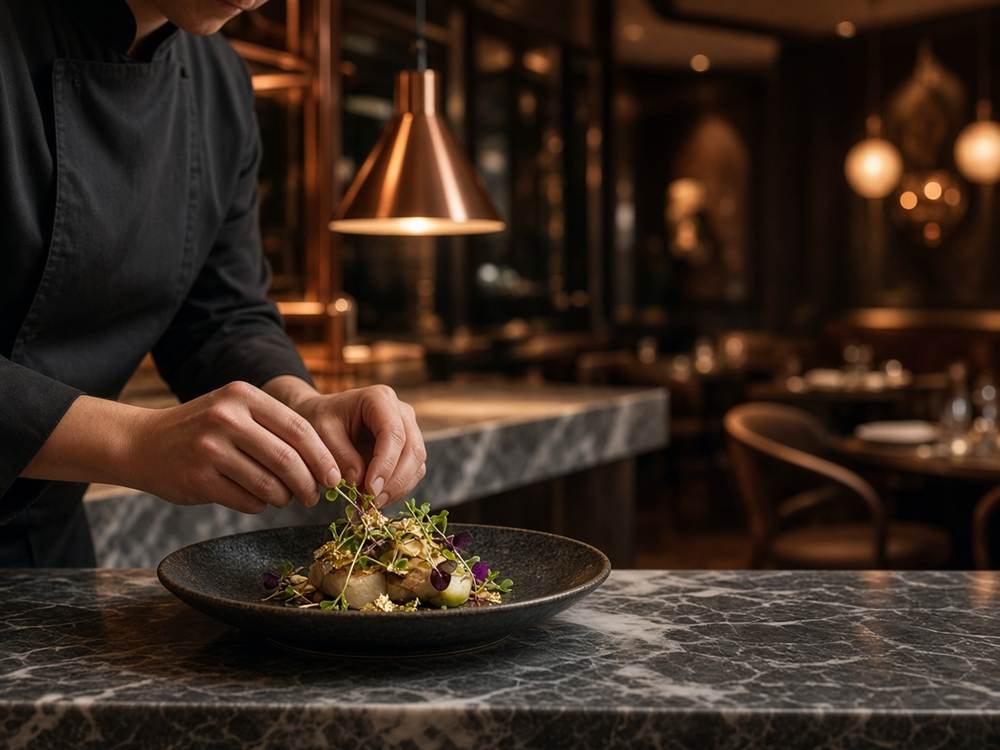 The kitchen pass at ChefSeraClub plating a tasting dish