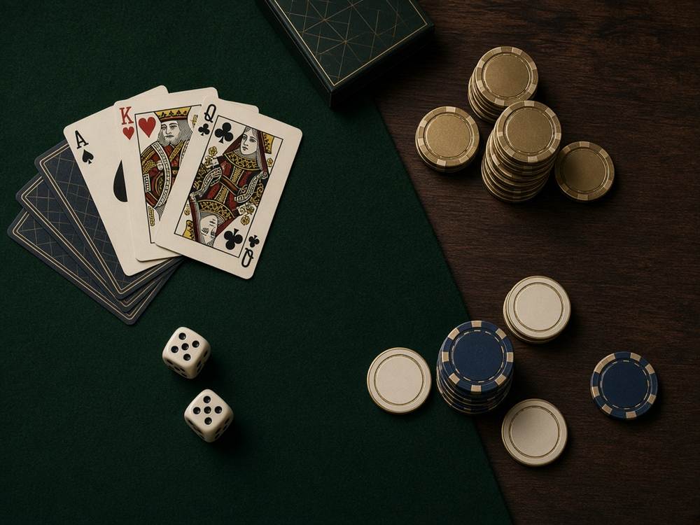 Cards, dice, and chips arranged for table games